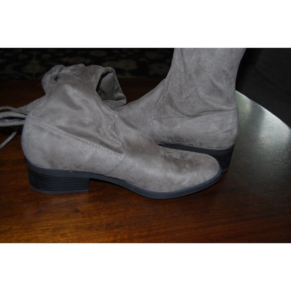 Unisa Boots Womens 8 1/2 M Tall Sock Over The Knee Beige Faux Suede Tie Pull On - Picture 2 of 5